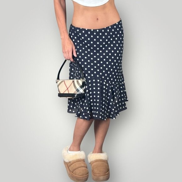 Chaps Navy Blue Polka Dot Ruffle Hem Skirt Lined Lightweight Retro Y2K Nautical - Picture 1 of 10